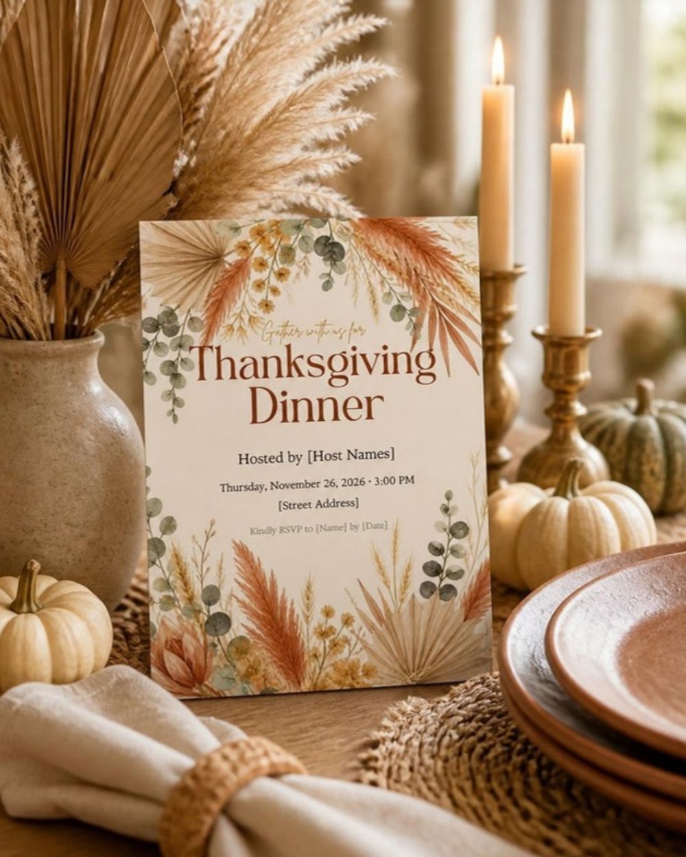 Boho Thanksgiving table with terracotta runner, pampas grass, taper candles, white pumpkins and a printed Thanksgiving dinner invitation