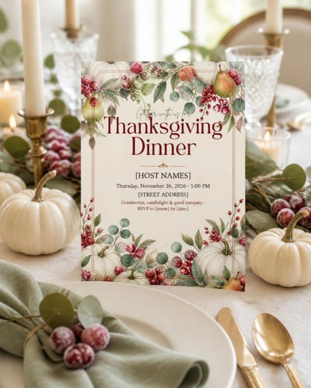 Elegant dinner party table with gold flatware, candles, white pumpkins and a printed dinner invitation